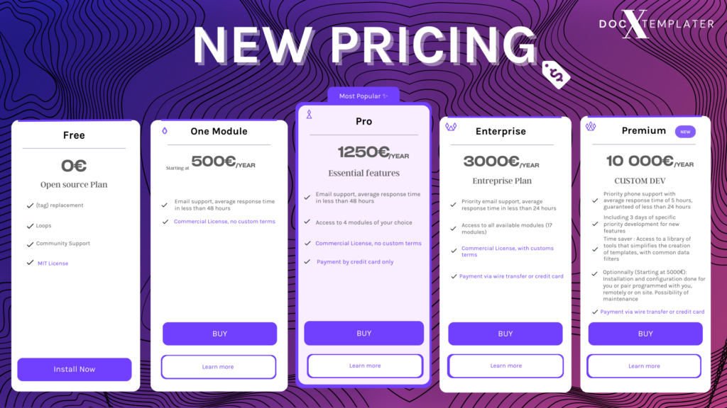 Pricing update per Plan : new pricing is 500€ for one module, 1250€ for PRO, and 3000€ for ENTREPRISE